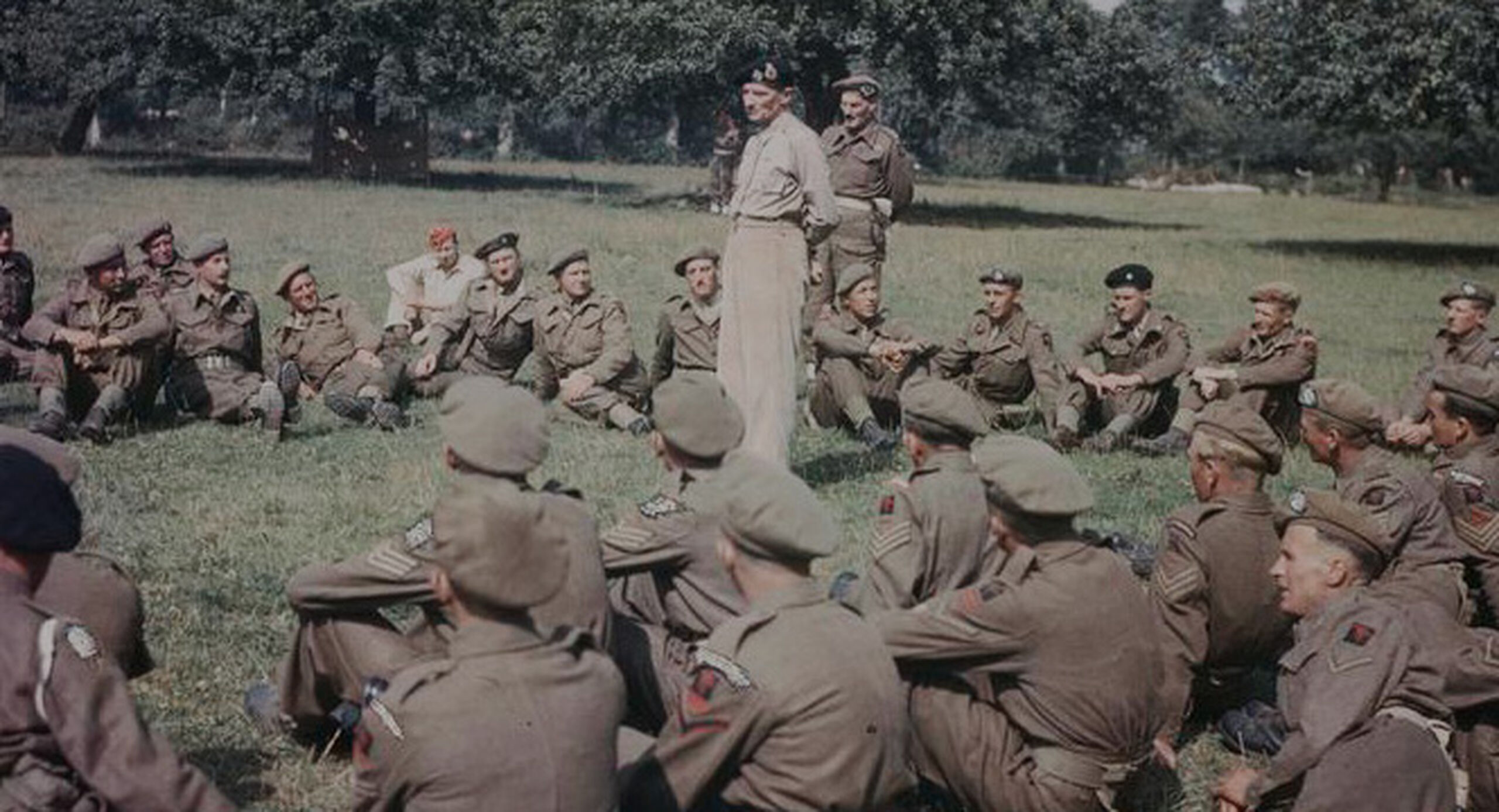 General Bernard Montgomery addresses and decorates men of the 50th Division for gallantry during the Normandy landings, 17 July 1944.