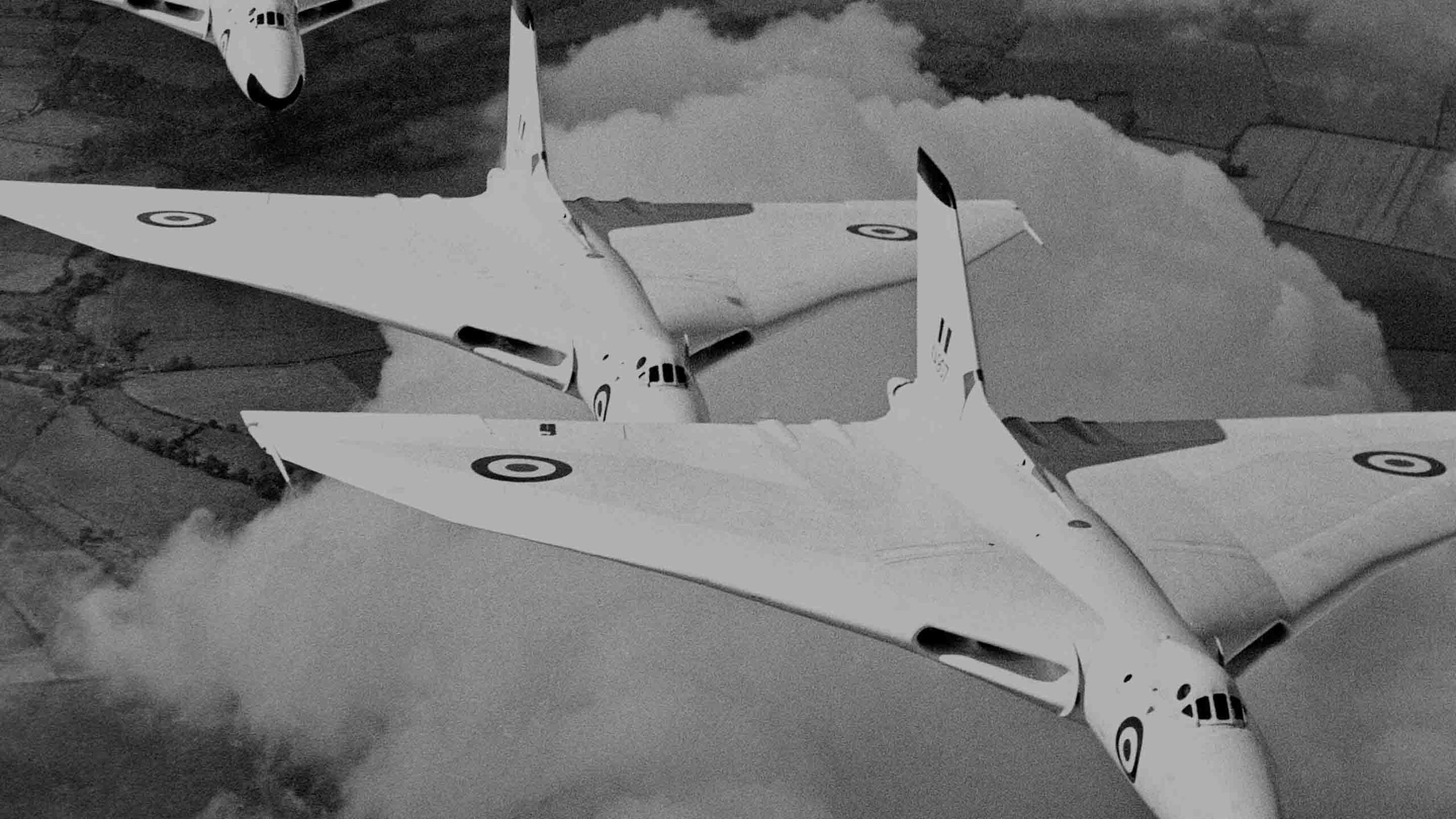 RAF Vulcan bombers from RAF Waddington flying in formation, 1957.