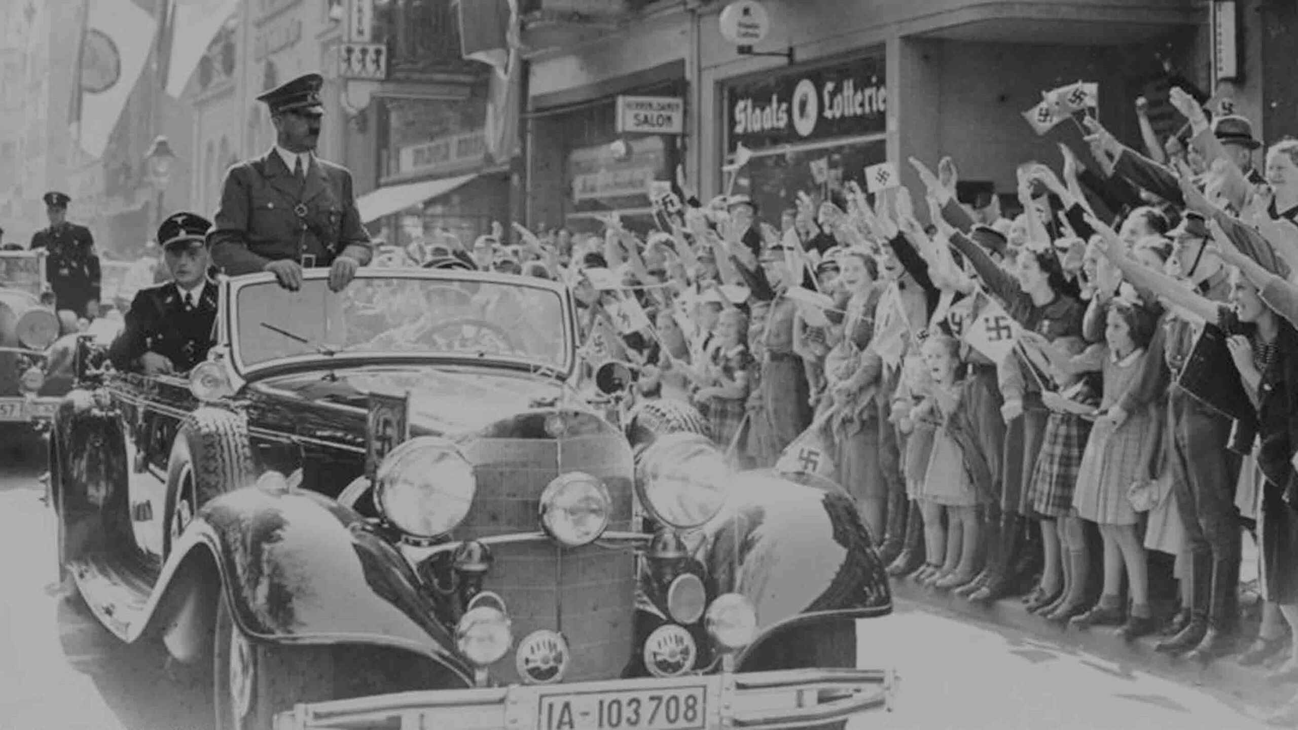 Adolf Hitler arrives in Bad Godesberg for discussions with British Prime Minister Neville Chamberlain ahead of the Munich Agreement, 22 September 1938.