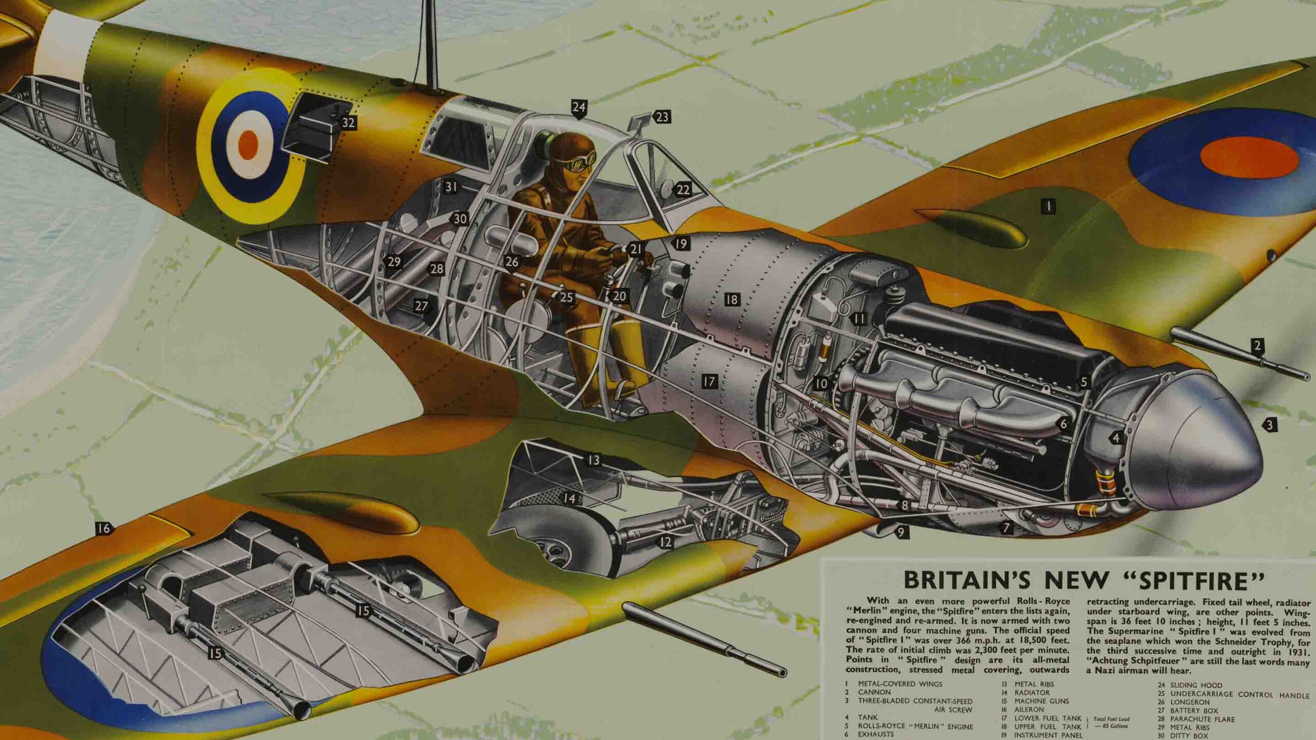 "Spitfire Poster, 1942-1945" – A wartime photomechanical print depicting a Supermarine Spitfire, produced between 1942 and 1945.