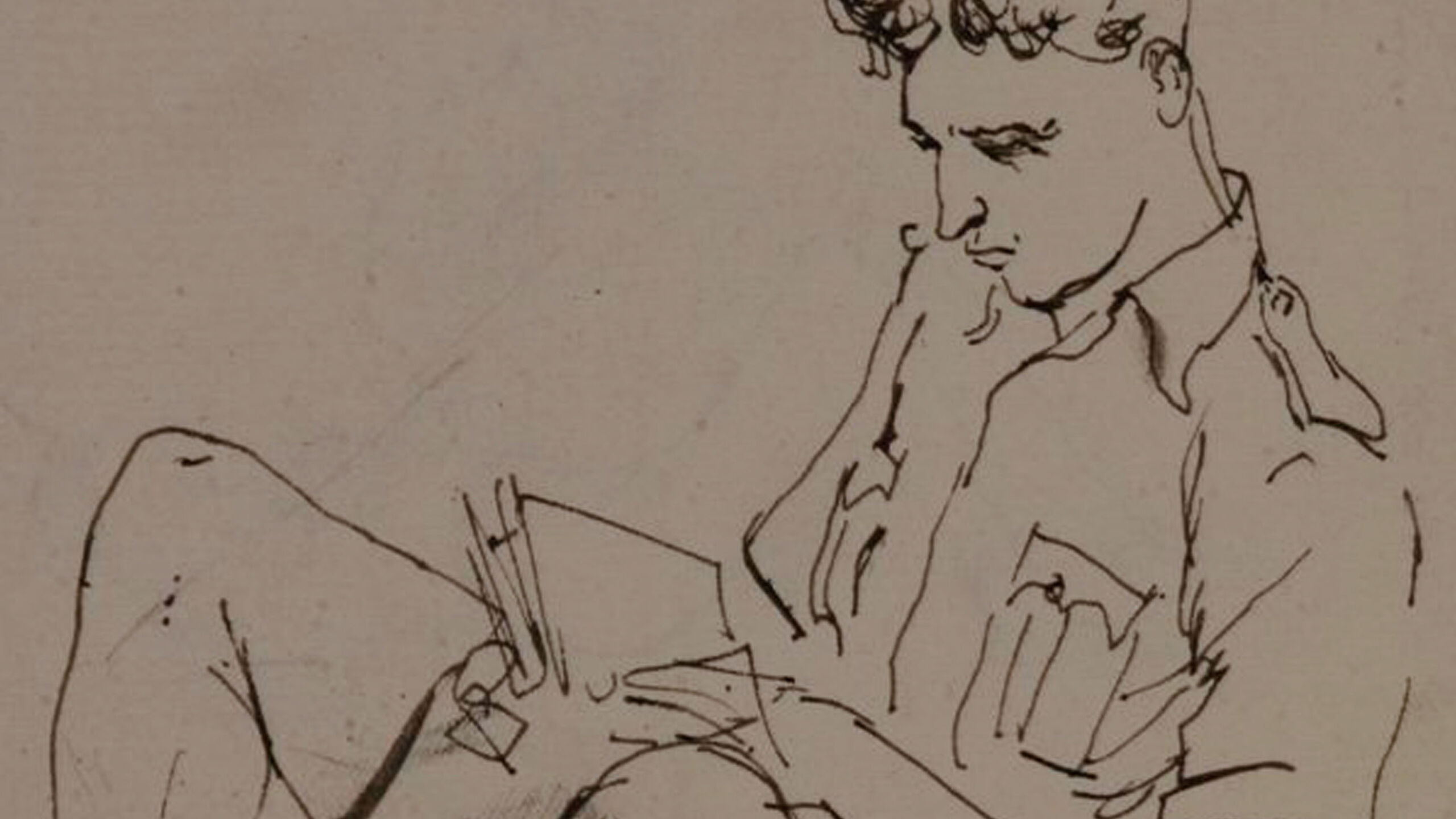 "Soldier Reading at Sea, 1941" – A sketch by Ronald Searle depicting a soldier in tropical kit sitting on the floor, reading a book propped against his knees.