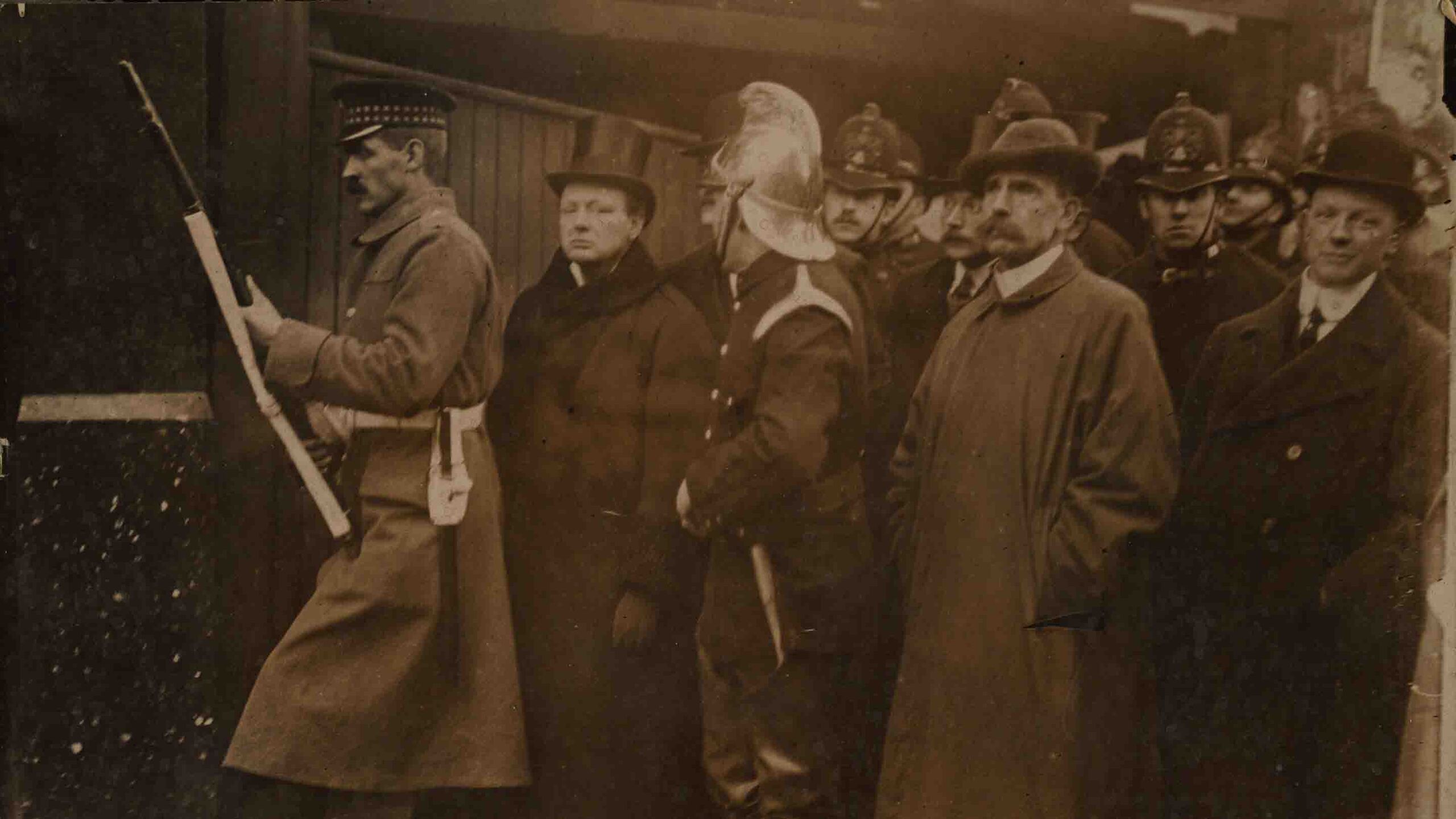 The Siege of Sidney Street, 1911 – Home Secretary Winston Churchill on the scene of the infamous battle in East London.