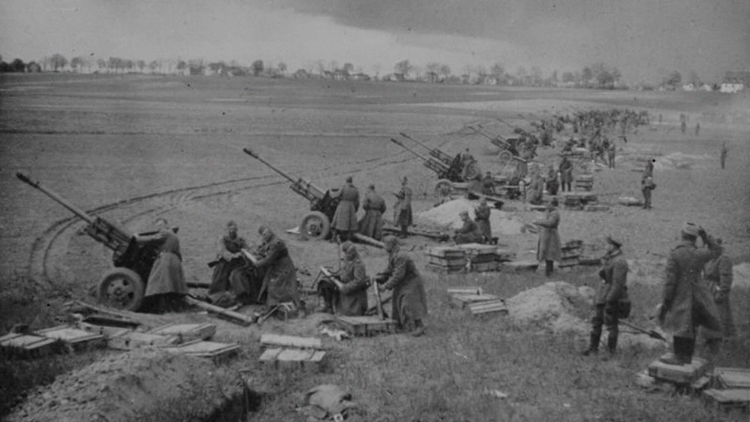Soviet artillery positions outside Berlin, April 1945. The assault on the city began on 16 April, with shelling intensifying from 20 April.