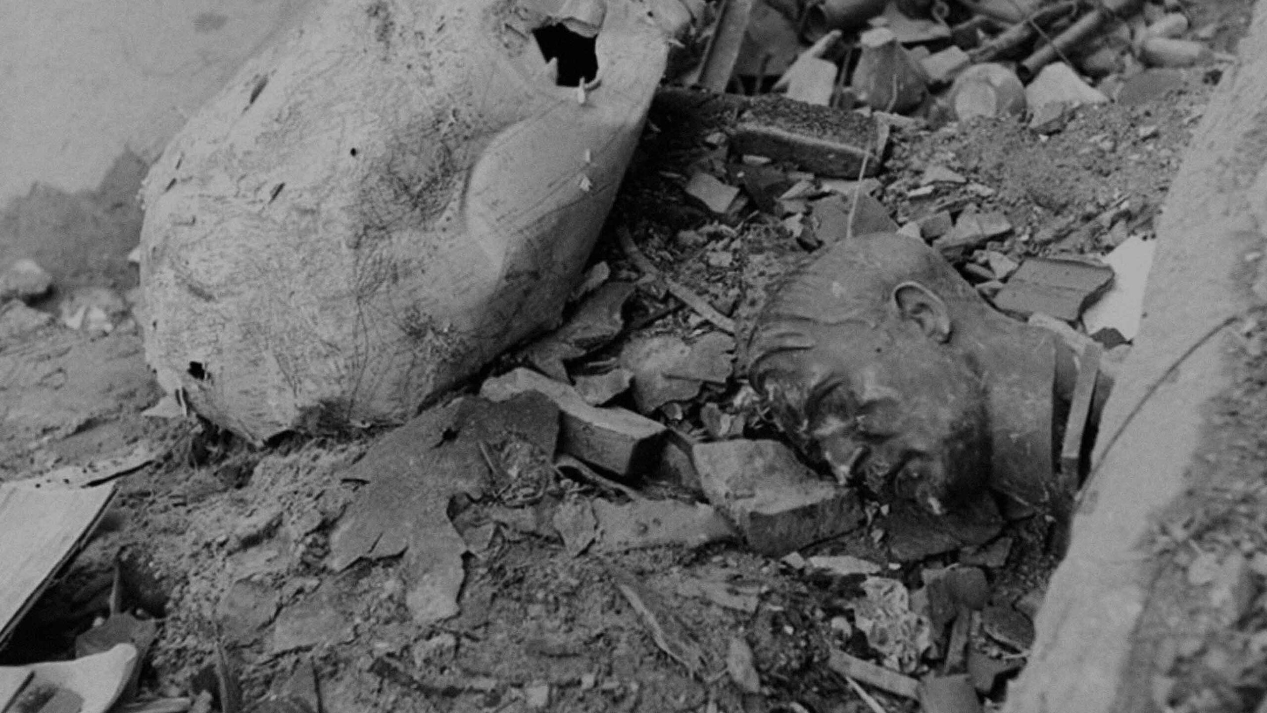 A bust of Adolf Hitler lies amid the rubble of Berlin, 1945